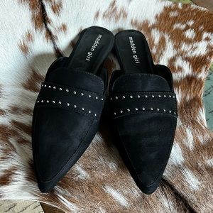 Madden Girl Shoes New Madden Mecca Studded Vegan Black Suede Mules Black/Silver